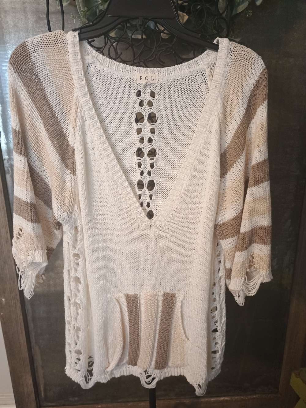 POL Cream & Tan Striped Knit Beach Coverup with Fringe